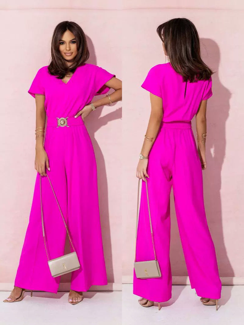 Fashionable Short-Sleeved V-Neck Solid Color Slim-Fit Jumpsuit 8
