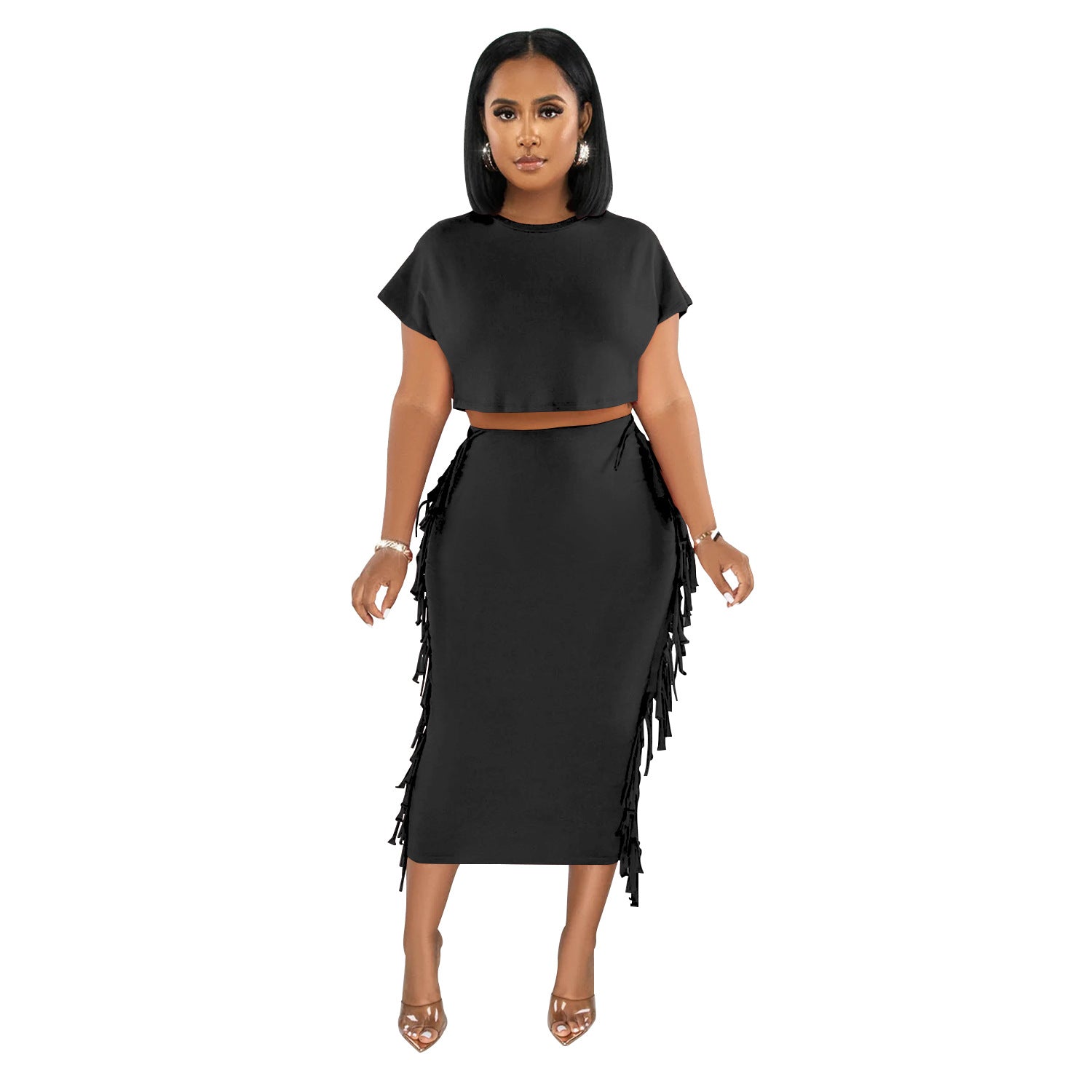 Women Solid Tassel Round Neck Short Sleeve Top and Long Dress Two-Piece Set 11