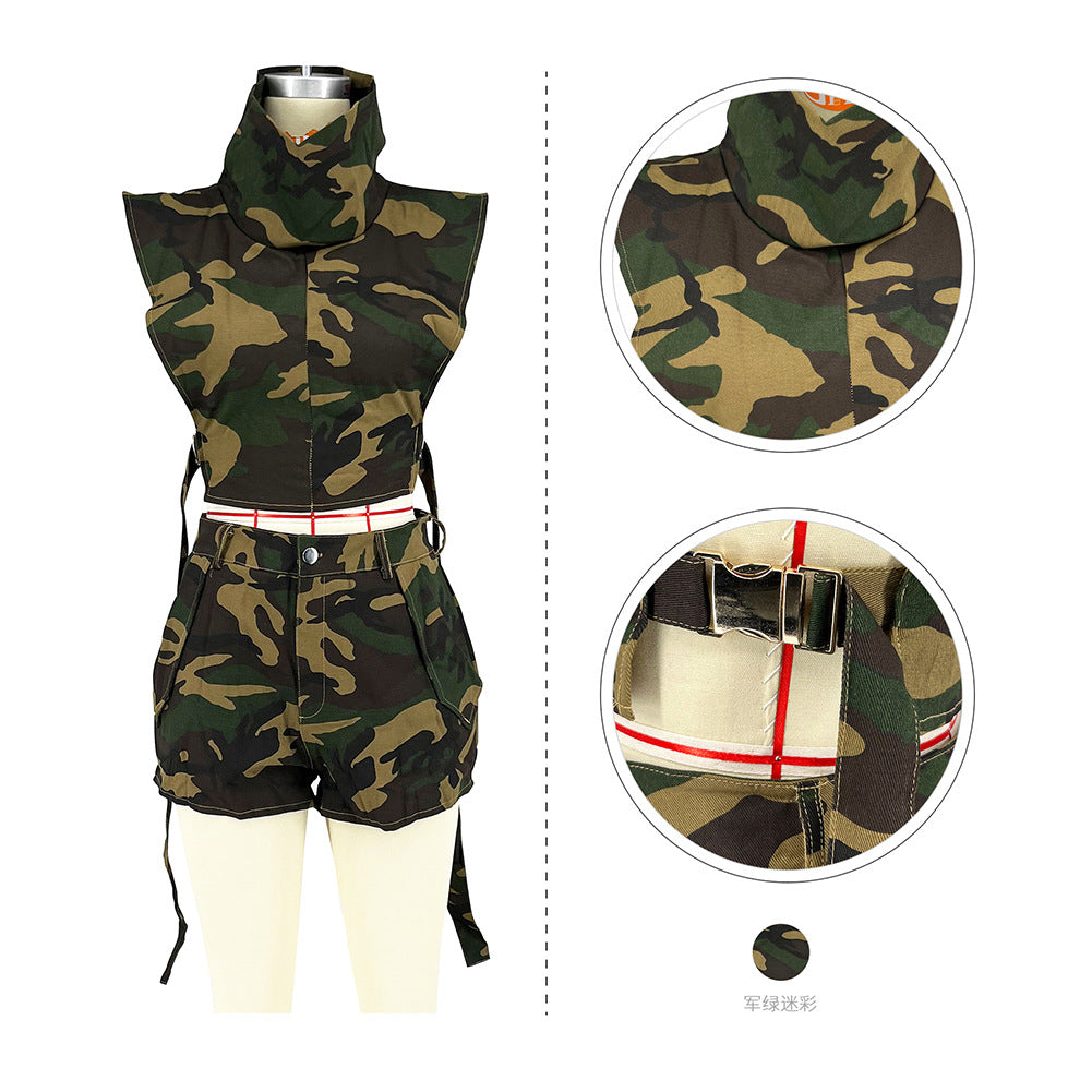 Women Summer Camouflage Pocket Top and Short Two-Piece Set 6