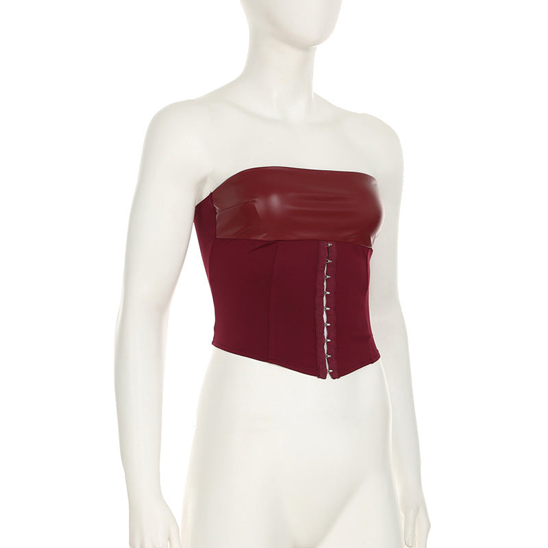 Slim Waist Lace-Up Strapless Top Leather Hollow Bodycon Skirt Two Piece Set 11