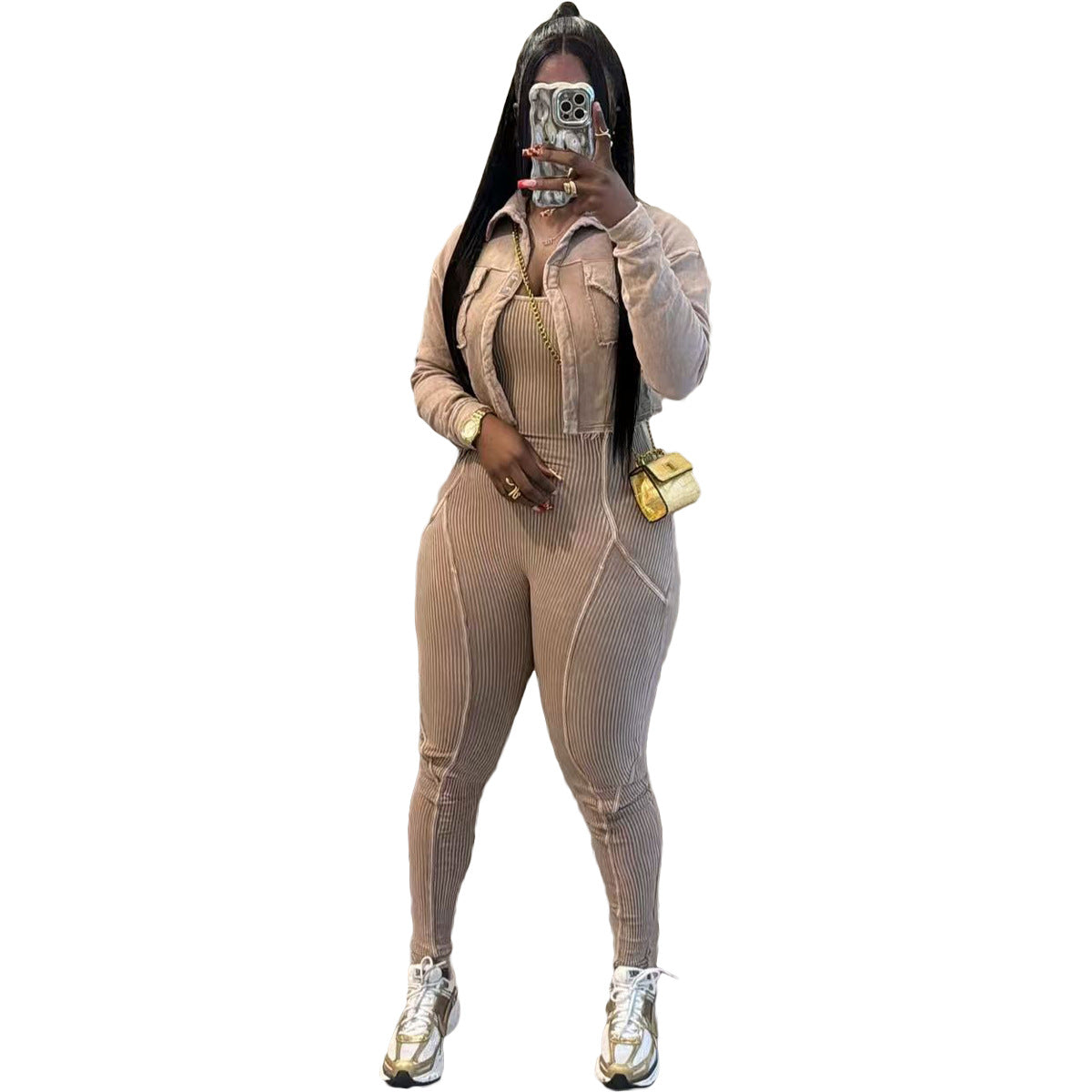 Fashion Women's Solid Color Tight Slim Jumpsuit Coat Casual Two-Piece Set 15