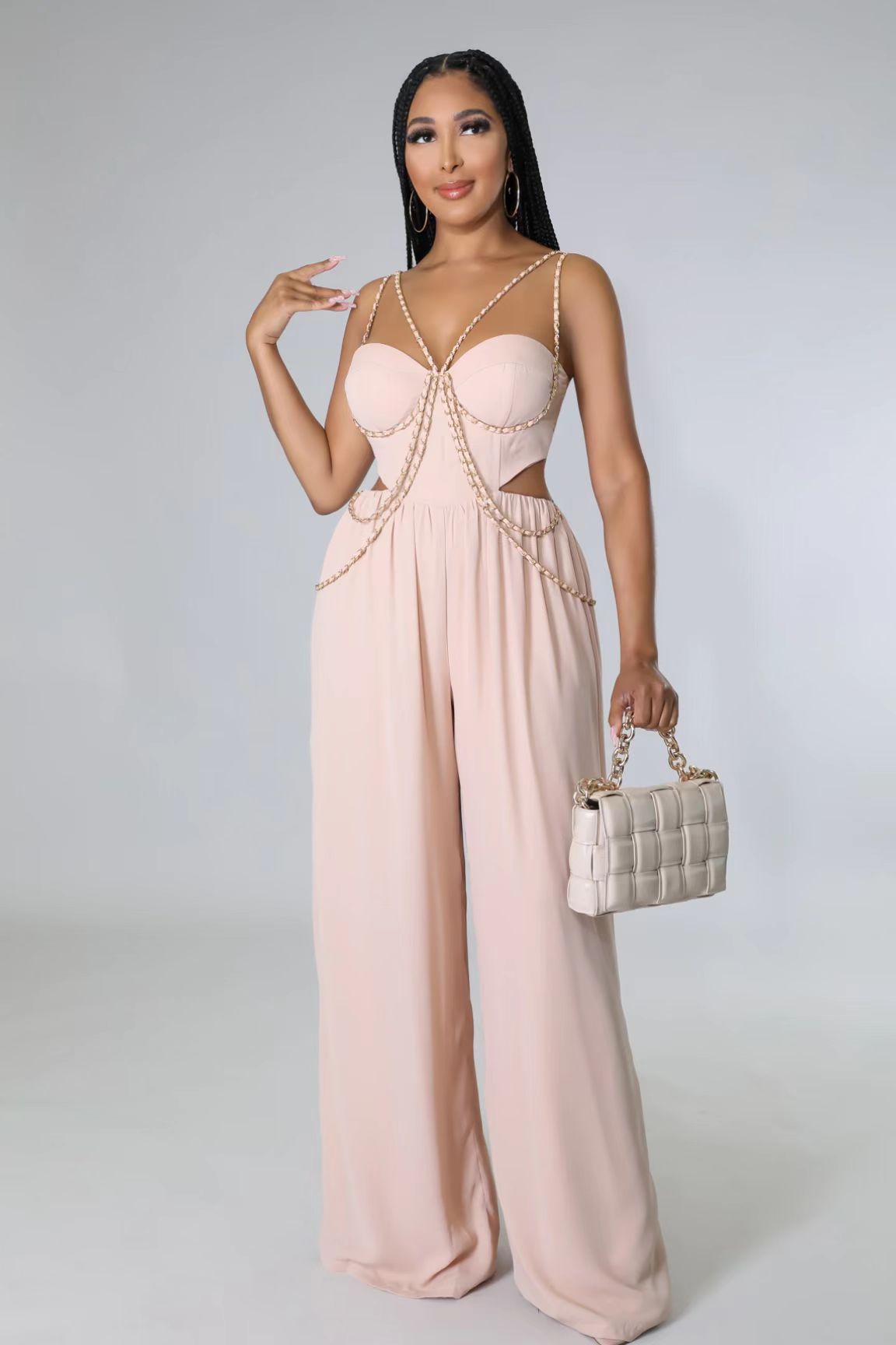 Pink Chain Strap Fashion Sexy Wide Leg Jumpsuit