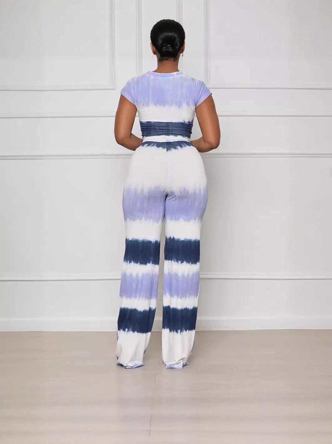 Women's Fashion Tie Waist Open Waist Top Sexy Straight Pants Gradient Color Outfit Set 5