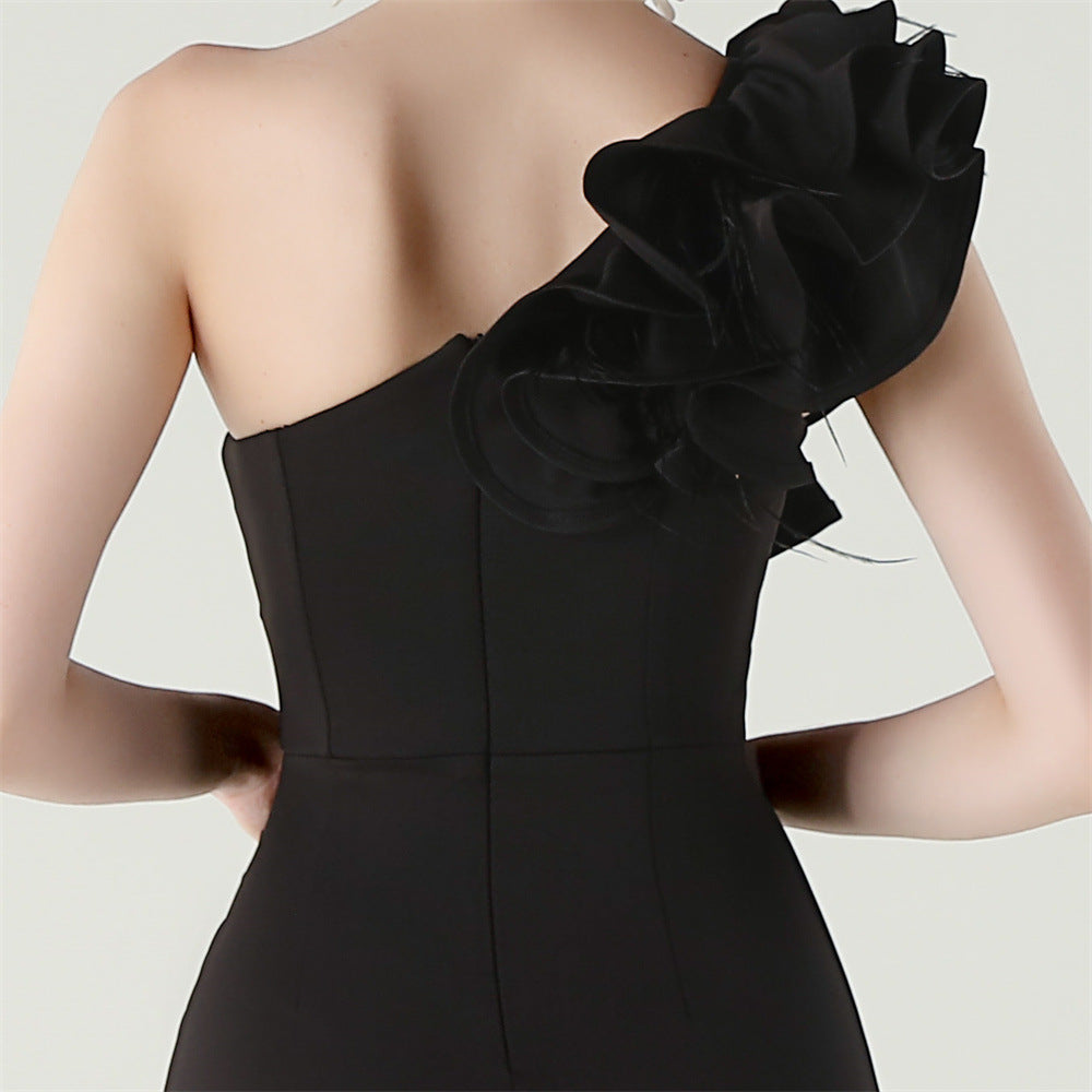 Women One-Shoulder Beaded Wool and Floral Satin Slit Sexy Evening Dress 50