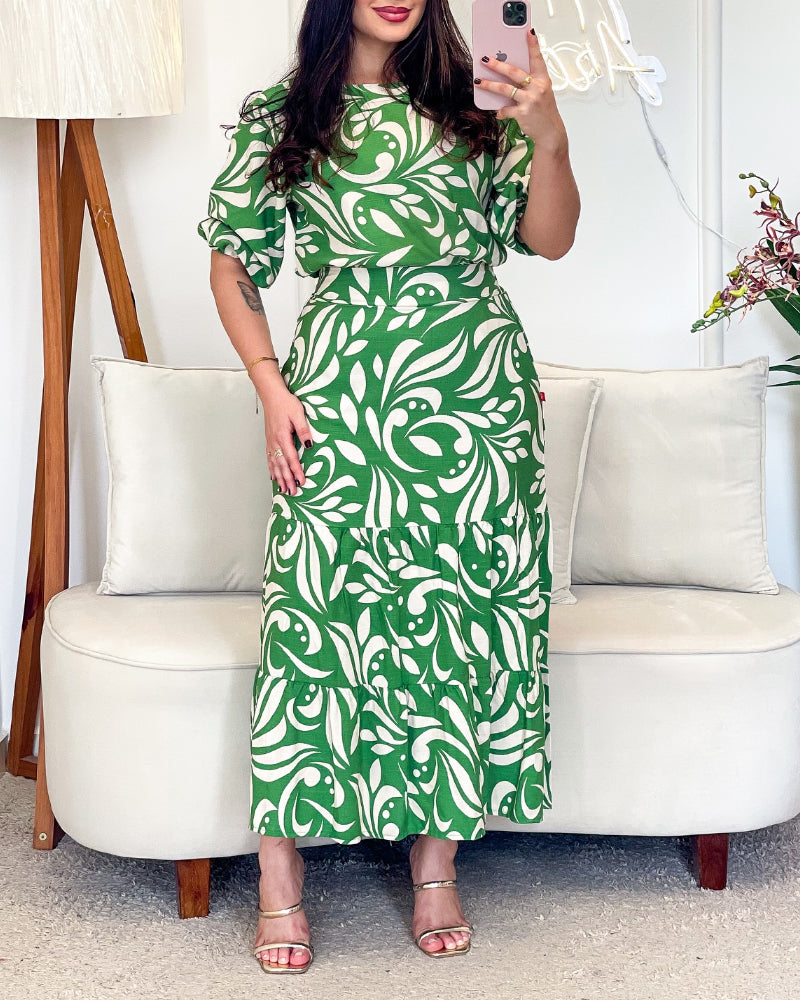 Women's Print Short Sleeve Top Maxi Ruffle Maxi Skirt Set 3