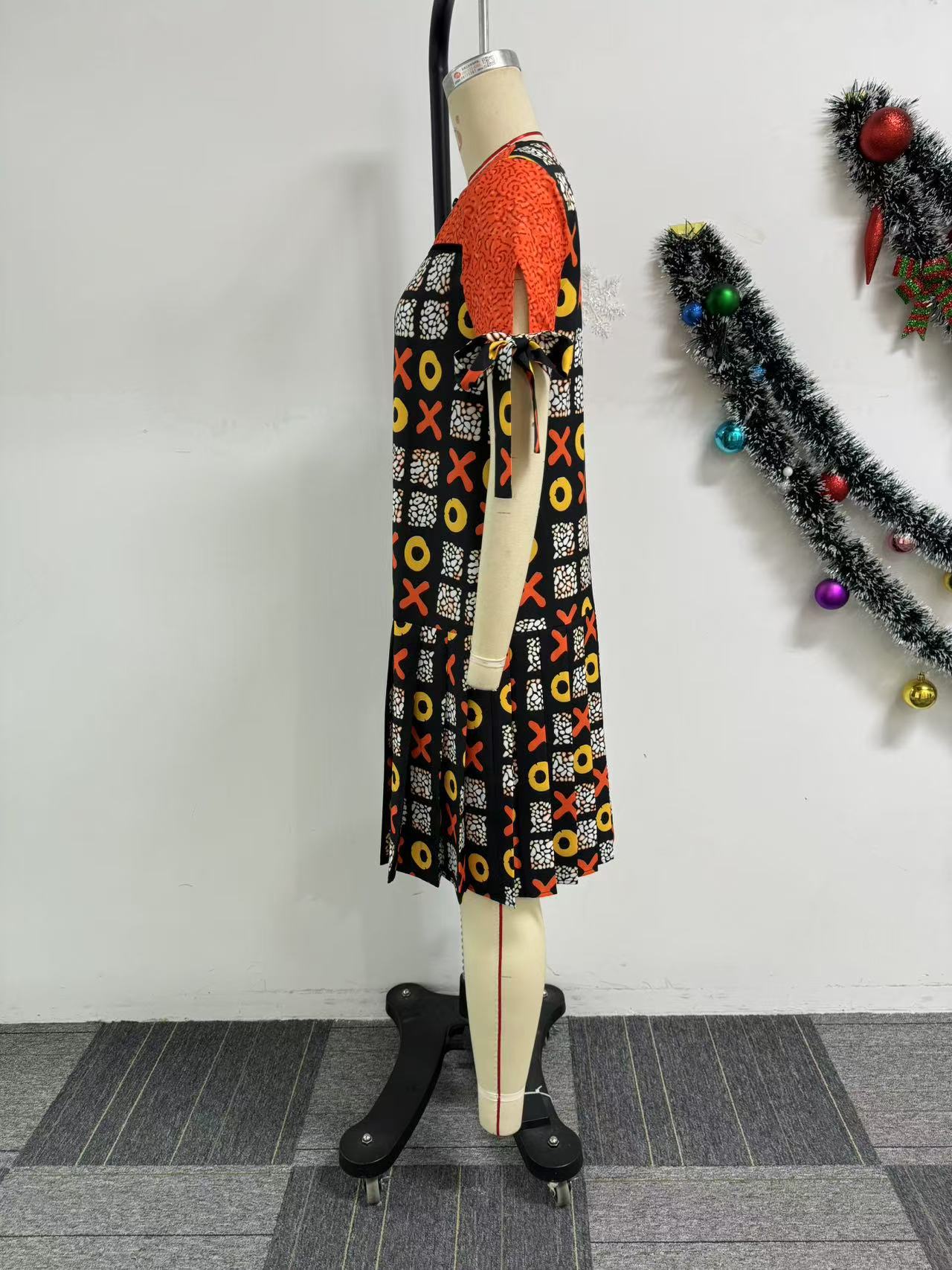 Women elegant zipper contrast color pleated Lace-Up Dress 7