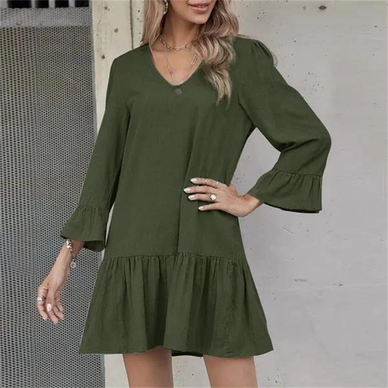 Women's Midi Loose Solid Color Pleated Bell Bottom Half-Sleeve Women's Linen Dress 12