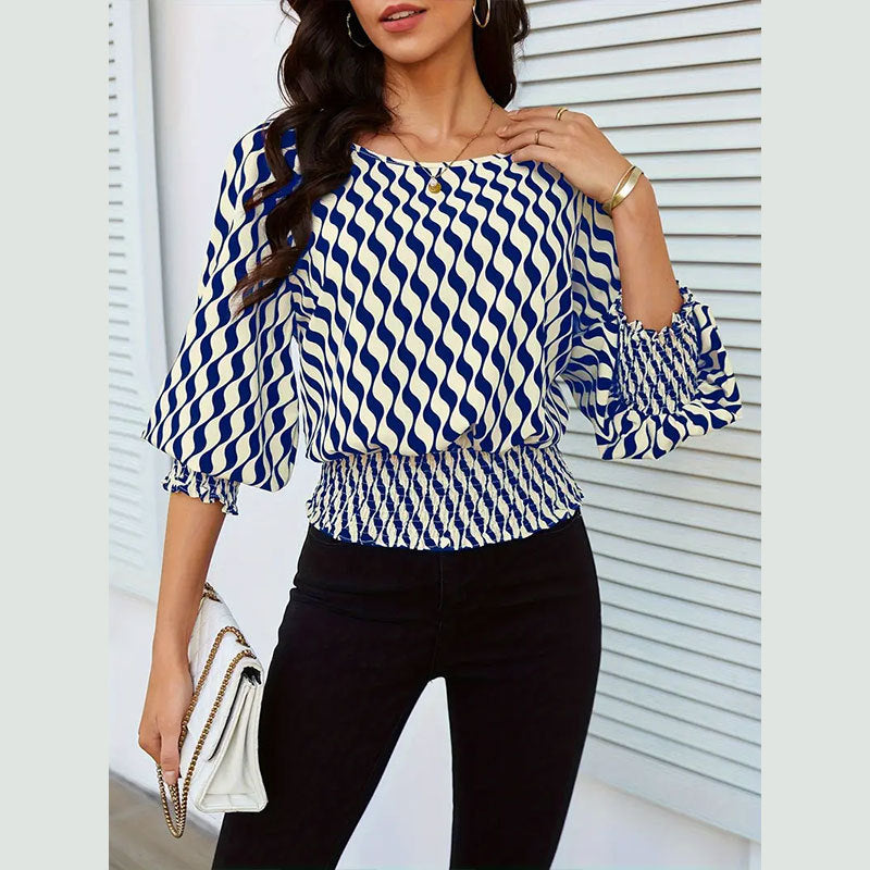 Spring Women's Lantern Sleeve Top & Slim Waist Contrast Print Long Sleeve T-Shirt 7