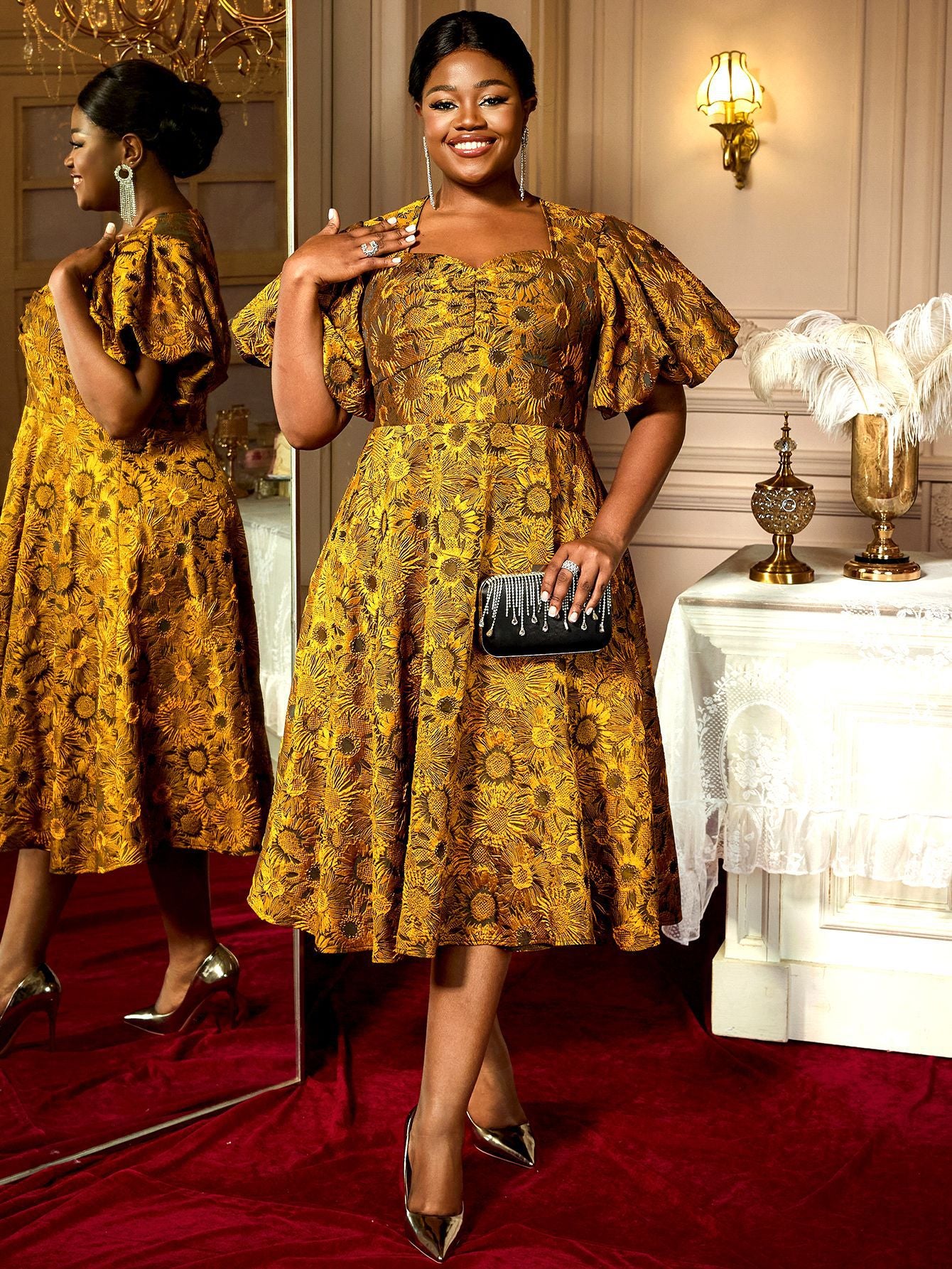 Summer Puff-Sleeve Jacquard Square-Neck A-Line Cocktail Dress 4