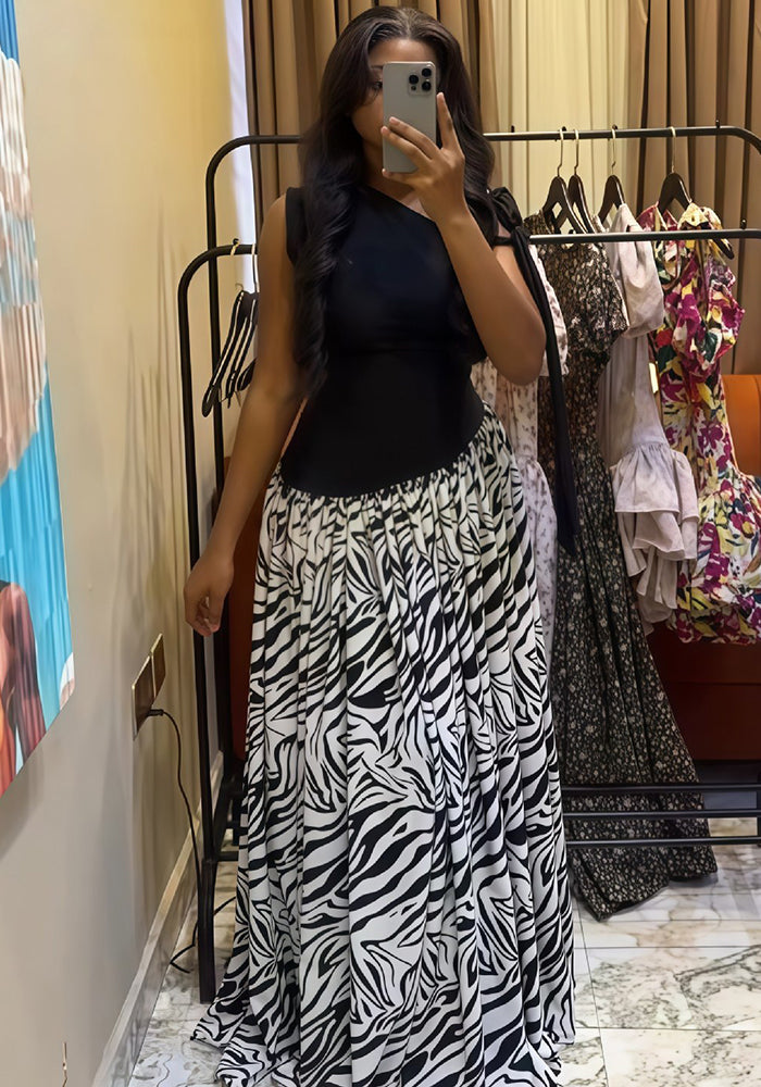 Women's Autumn Sleeveless Slash Shoulder Slim Fit Print Pleated Chic Long Dress