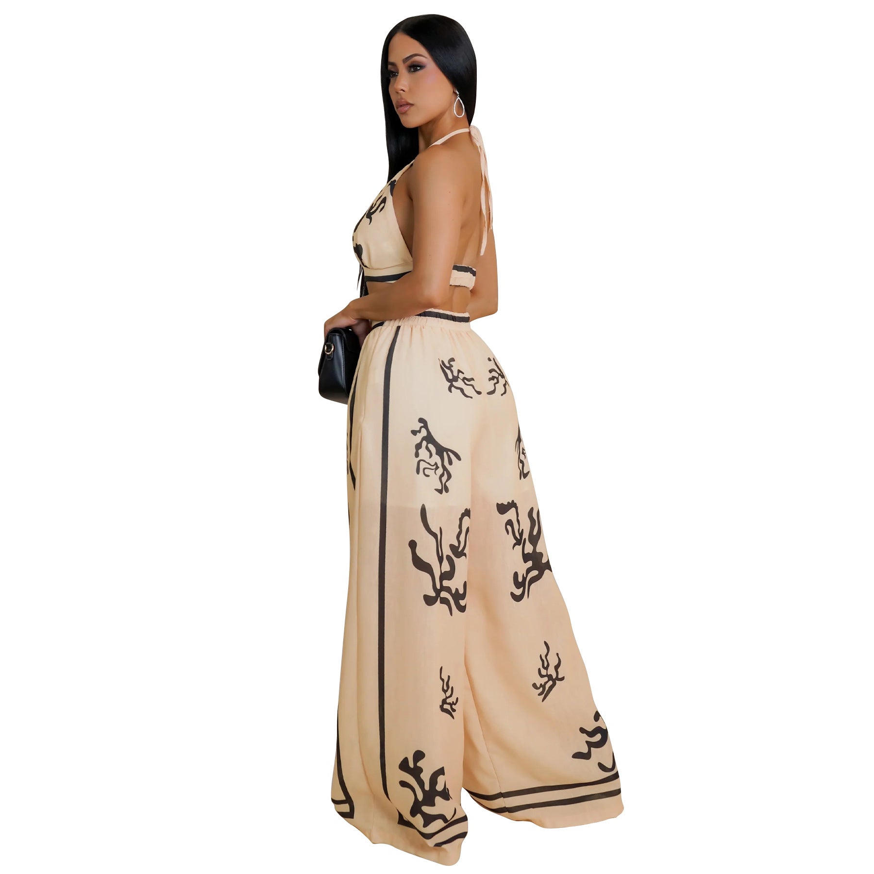 Summer Sexy Print Halter V Neck Vest Wide Leg Pants Two Piece Set 29