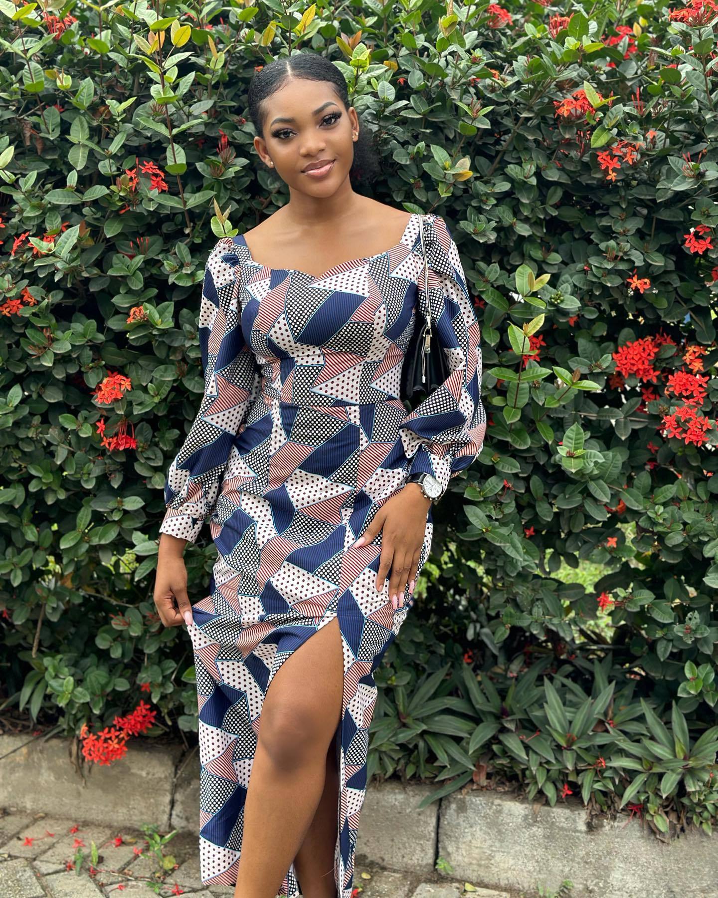 Autumn Fashion Women's Long Sleeves Blue Printed Plaid Slit Dress 3