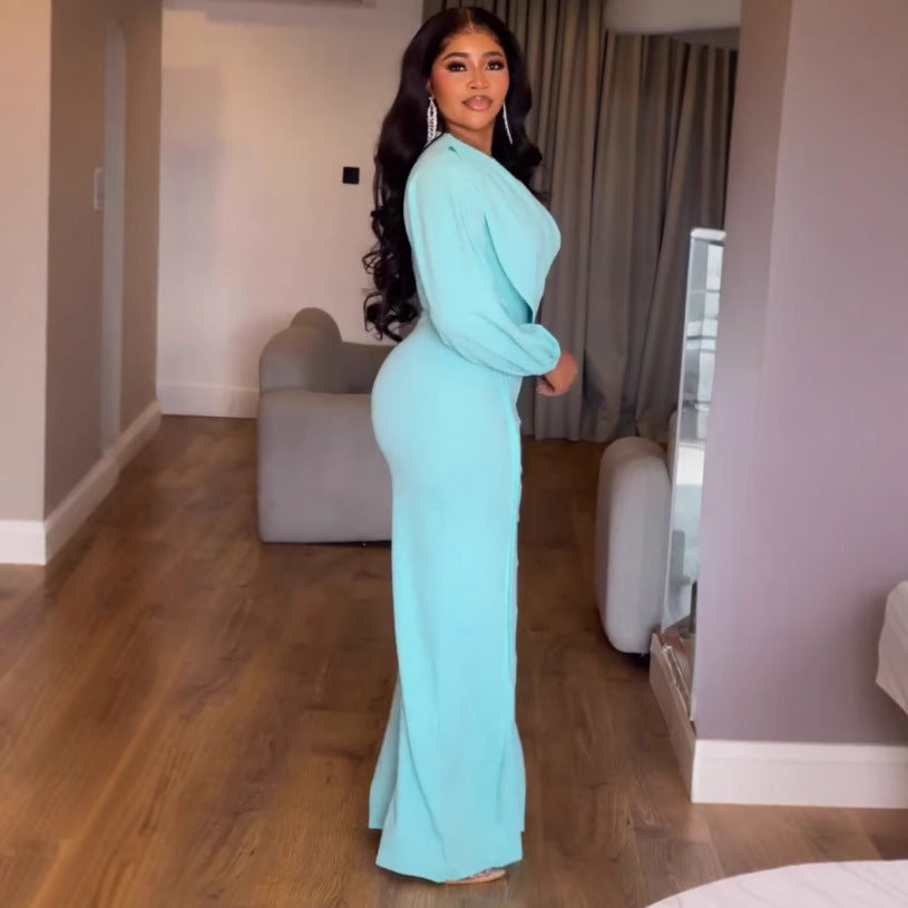 Sexy Lantern Sleeve Slim Waist Button Decoration Wide Leg Jumpsuit 4