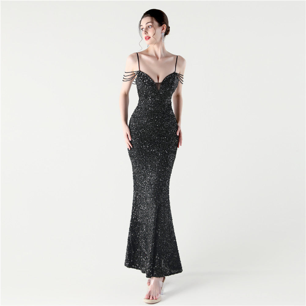 Women Sequined Beaded Party Wedding Dinner Suspender Evening Dress 11
