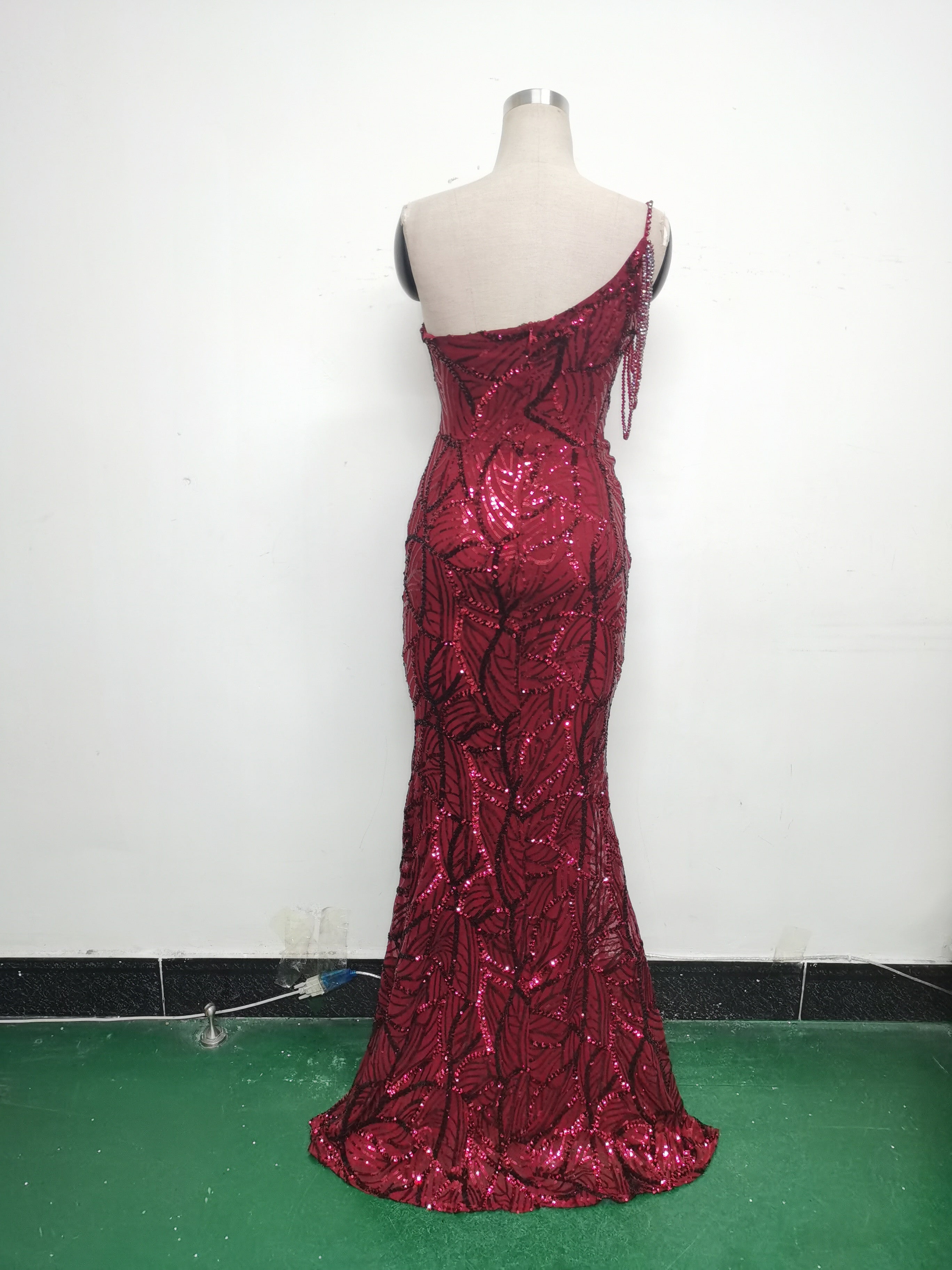 Women One Shoulder Beaded Sequin Embroidery Formal Party Prom Wedding Evening Dress 34