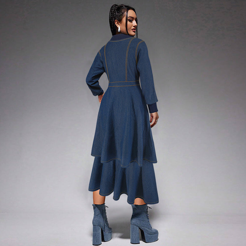 Women's Clothing Ribbed V-Neck Long Sleeve Denim Dress 4