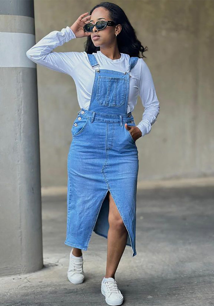 Women Street Pocket Slit Denim Suspender Skirt