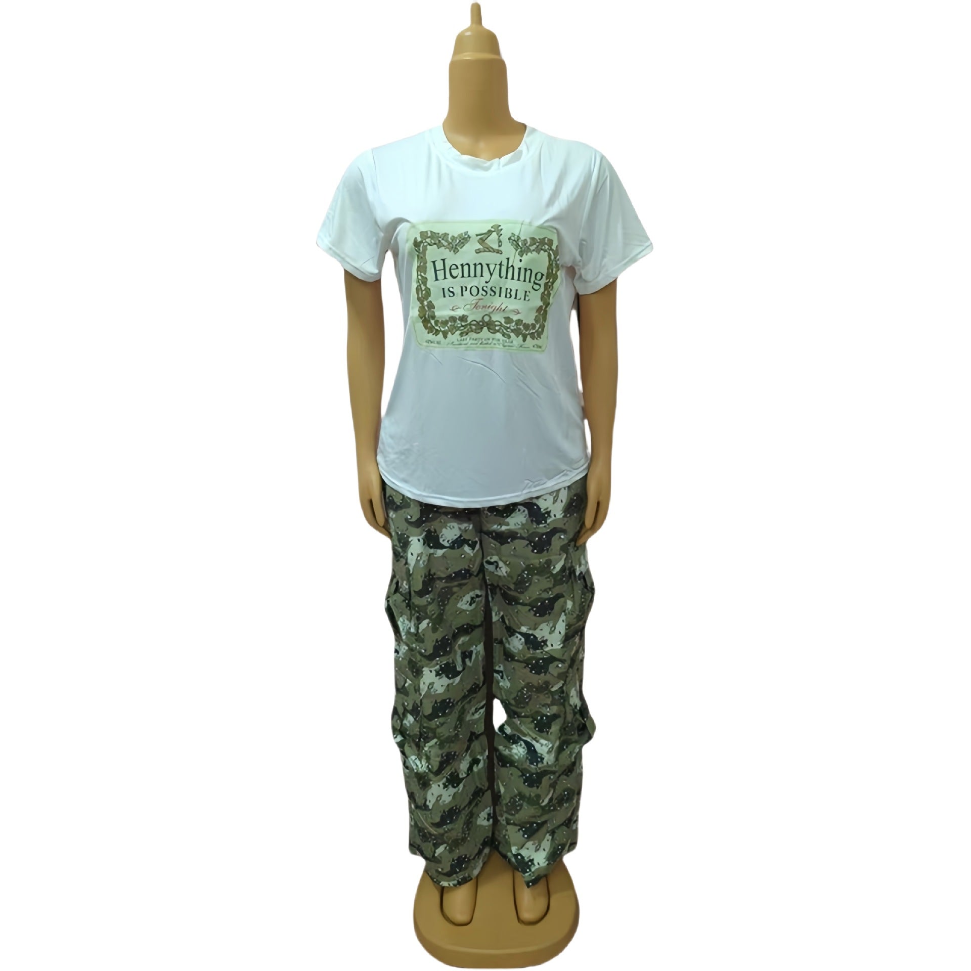 Women Plus Size Round Neck short-sleeved T-shirt camouflage trousers Casual sports Two Piece Set 5
