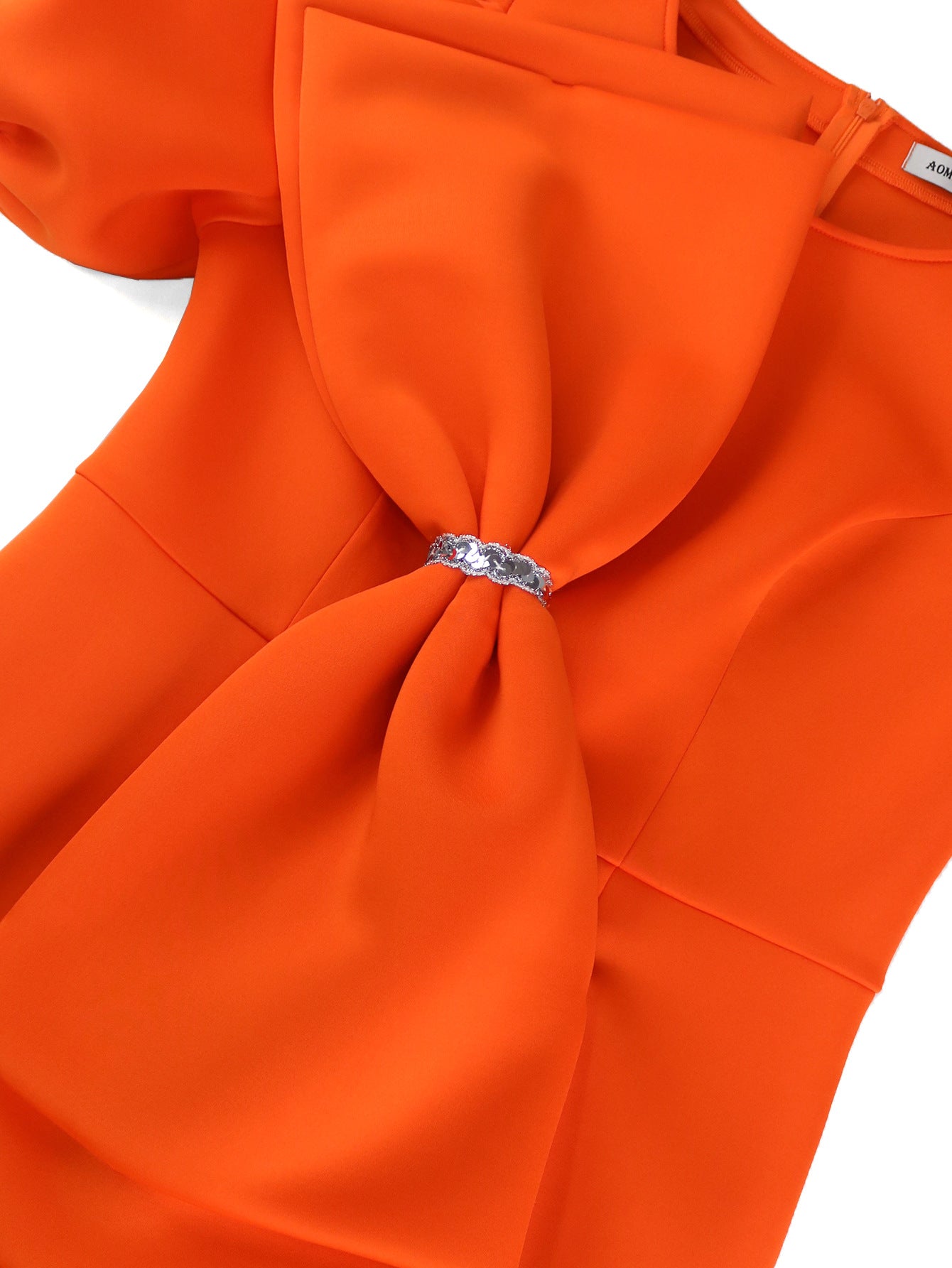 Elegant Puff Sleeve Round Neck Dress Bow Accent High Waist Party Gown 9