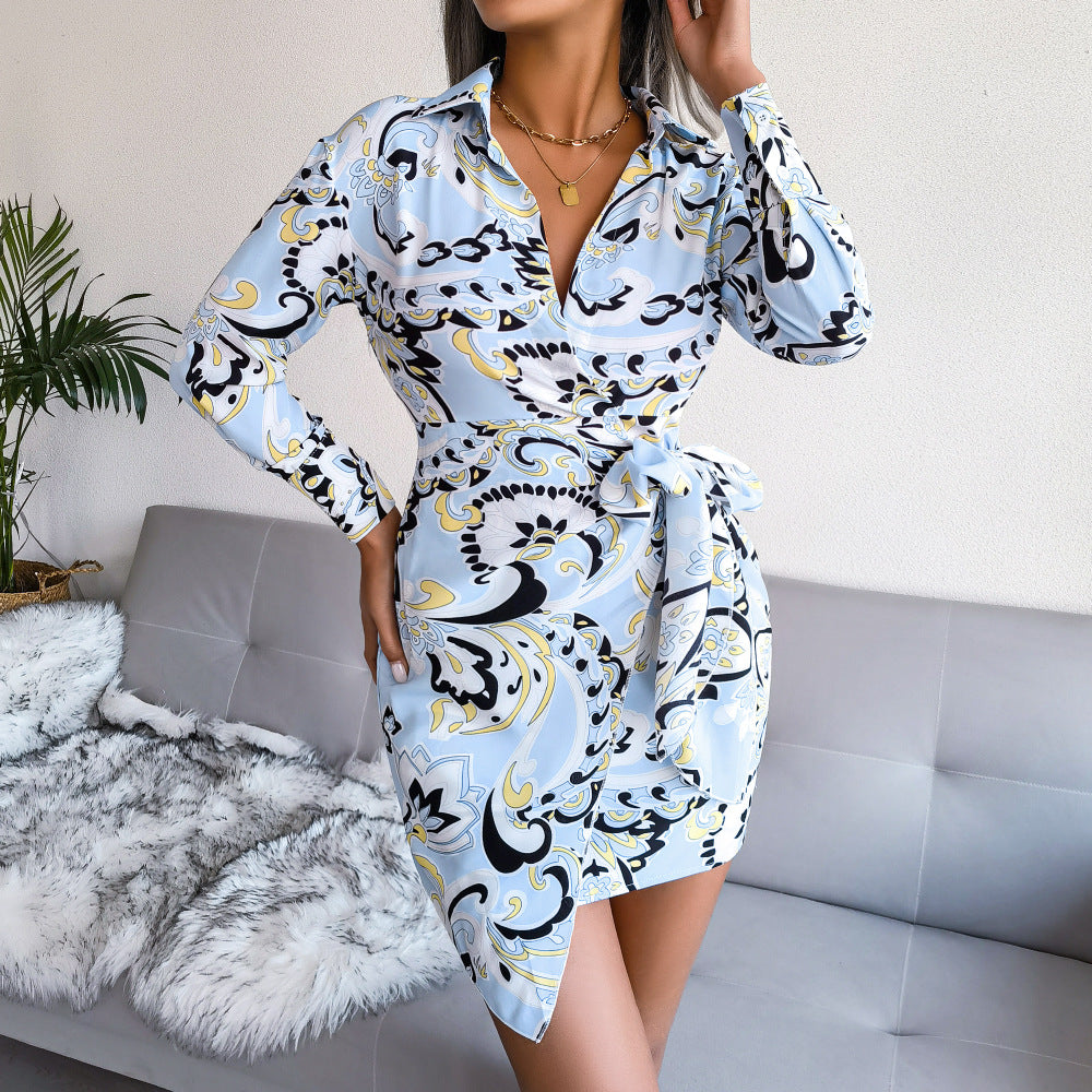 Women Fall/Winter Long Sleeve Printed Casual Lace-Up Shirt Dress