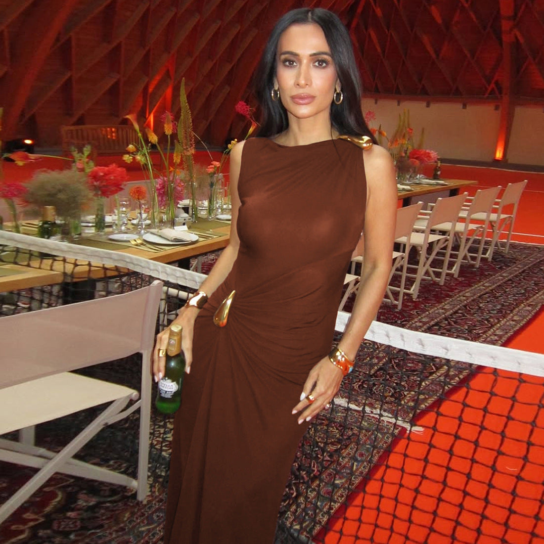 Women Fall Solid Metallic Sleeveless Sexy Slit Dress 11