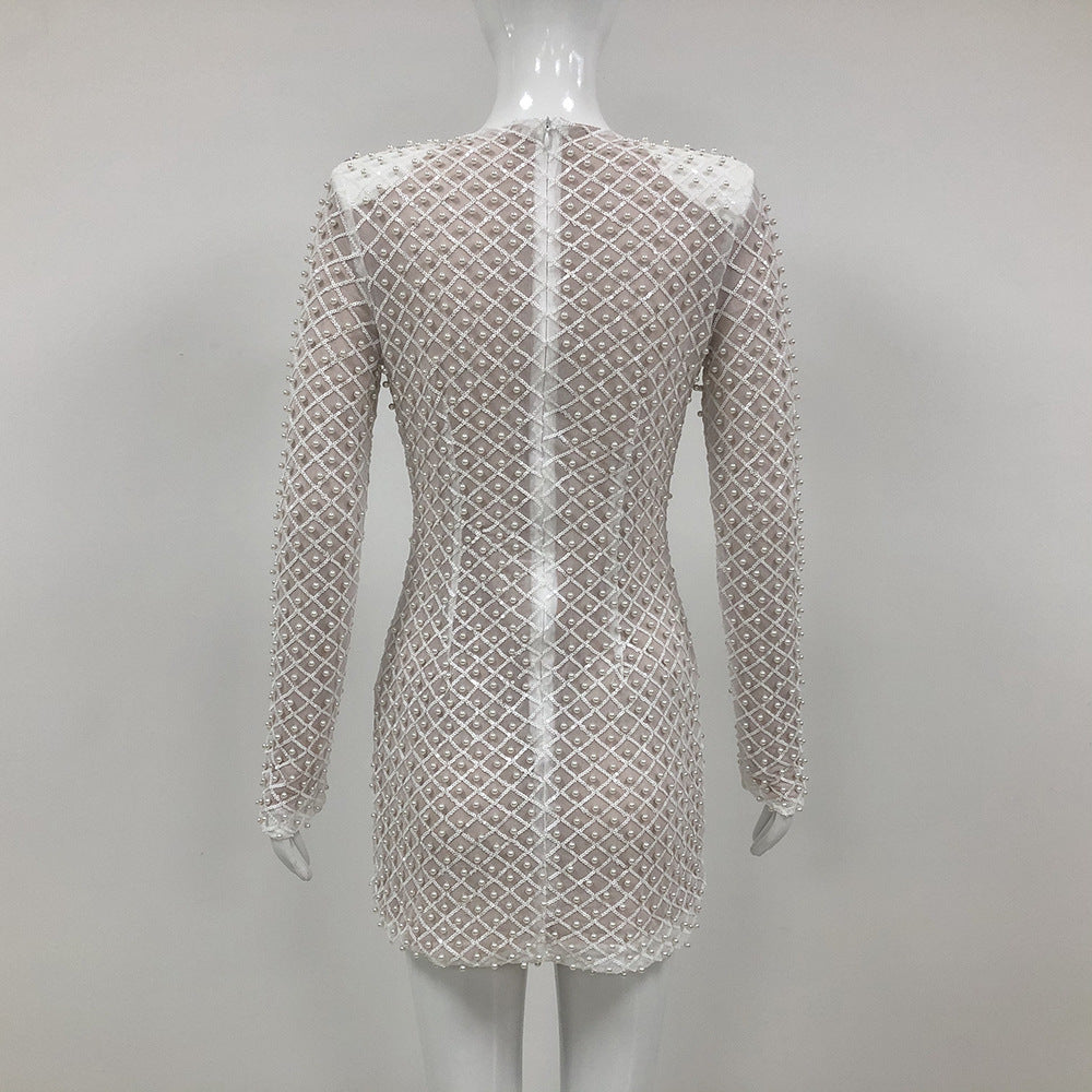 Women long-sleeved beaded rhinestone V Neck party bandage dress 7