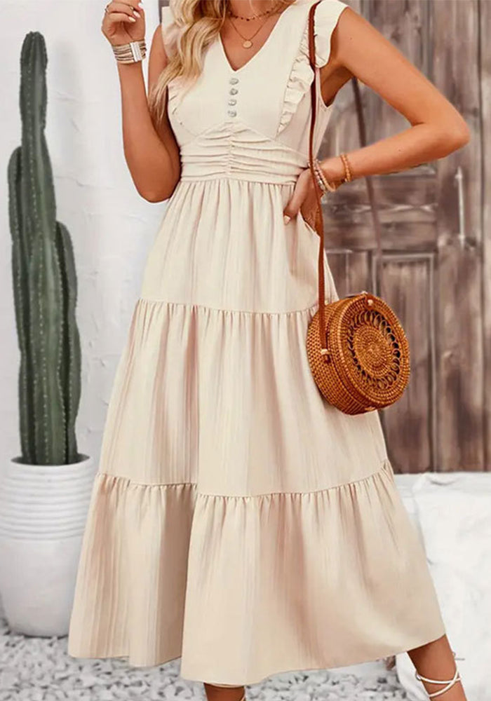 Women Ruffled Solid Jacquard Sleeveless Cascading Ruffles Dress