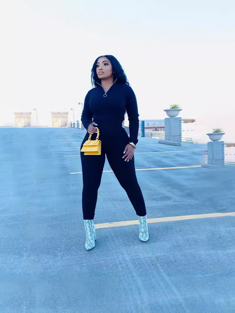 Women's Autumn Solid Color Ribbed Zipper Long Sleeve Tight Slim Sport Two Piece Pants Set 9