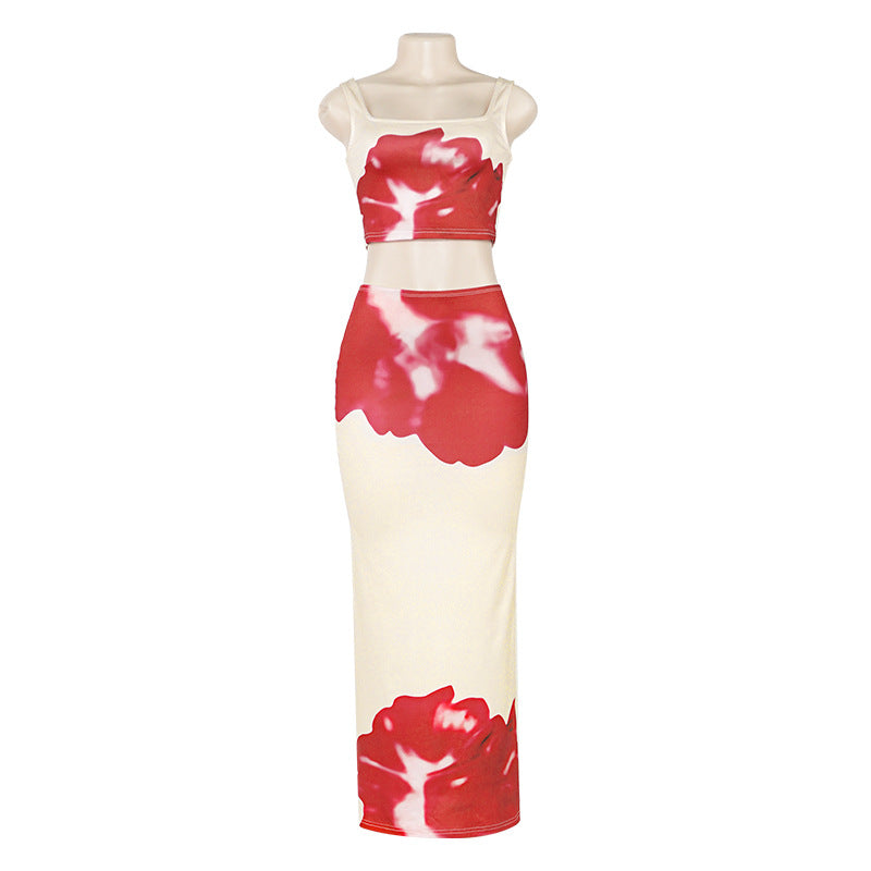 Women summer flower print sleeveless suspenders Crop Top and Long Skirt two-piece set 8