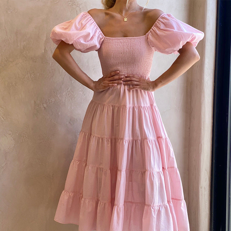 Summer Women's Fashion Loose Off Shoulder Puff Sleeve A-Line Midi Dress 10