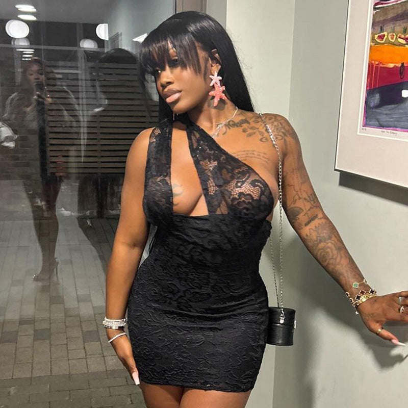 Summer irregular hollow Slash Shoulder Lace Tight Fitting Bodycon Dress 3