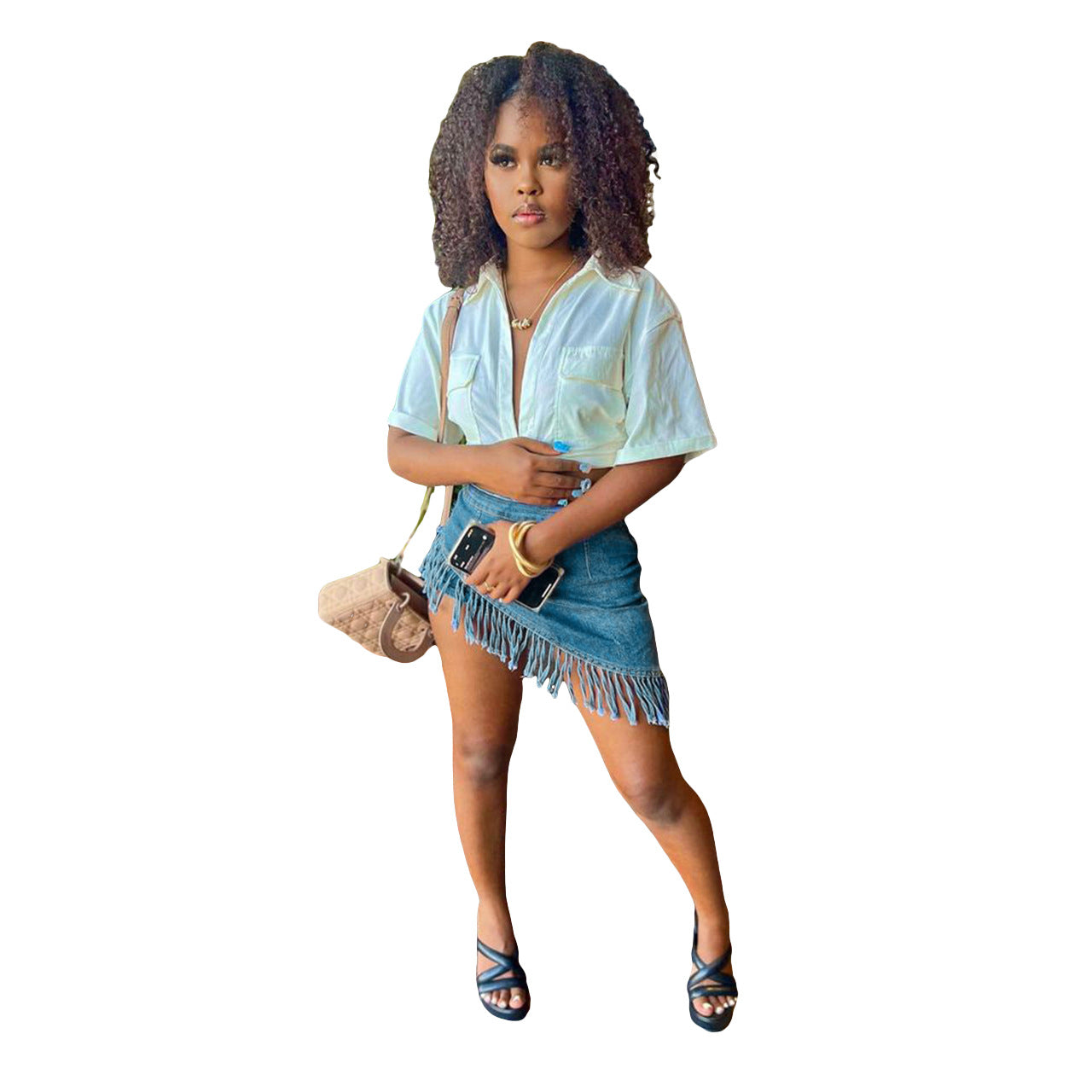 Women Denim Stretch Diagonal Apron Fringed Shorts 5