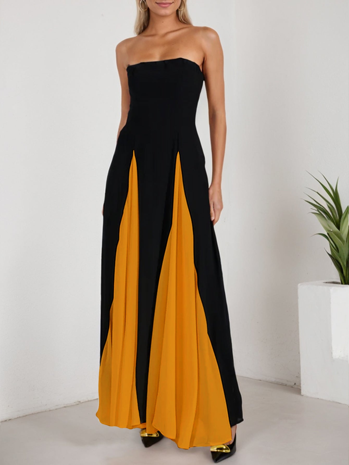 Fashionable Women's Sexy Contrast Patchwork Strapless Long Evening Dress 5