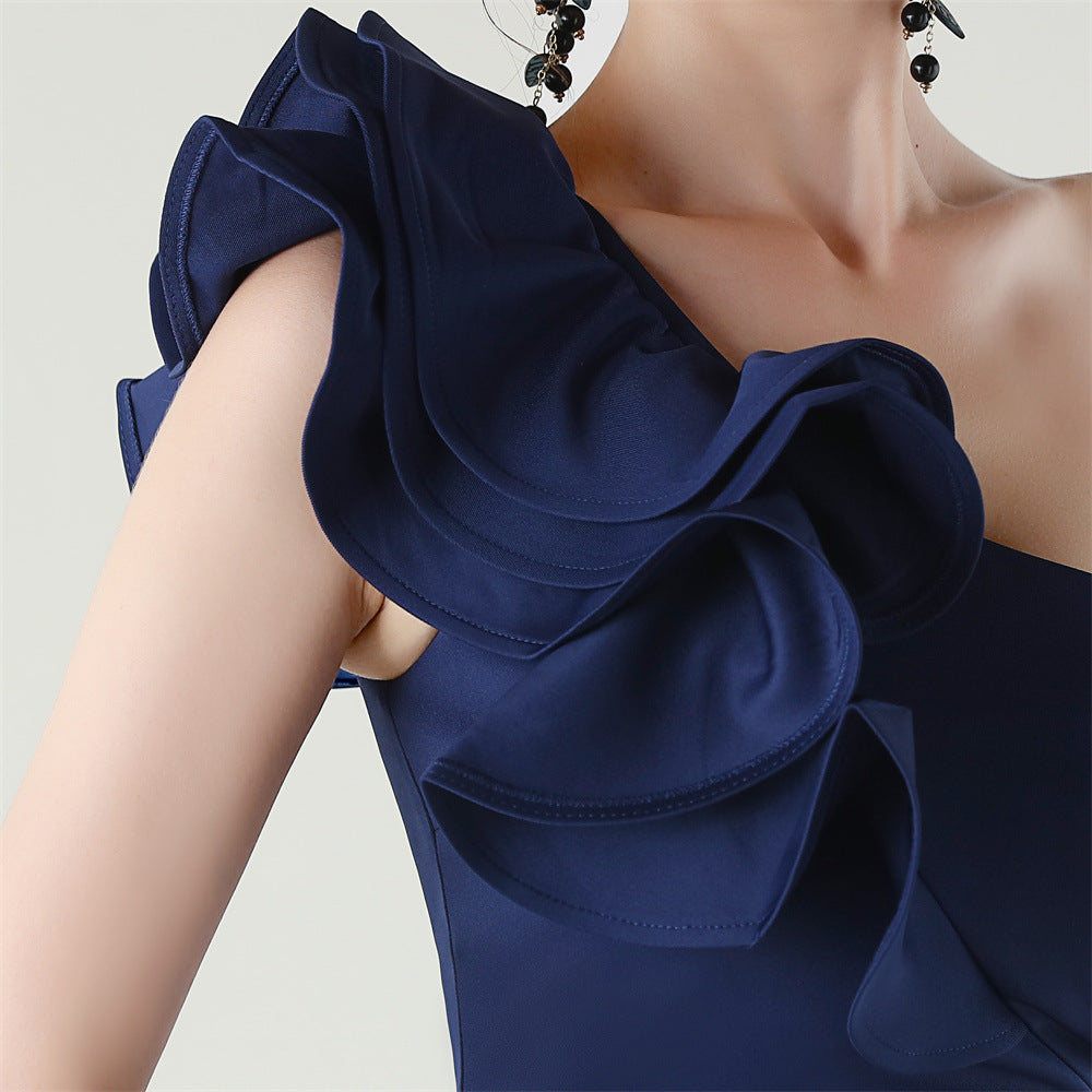 Women One-Shoulder Beaded Wool and Floral Satin Slit Sexy Evening Dress 56