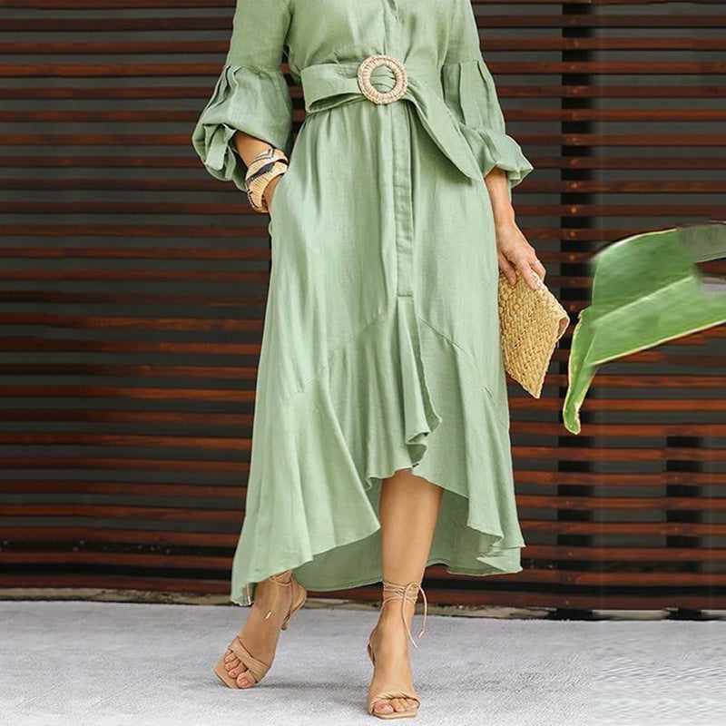 Green Dress Western Dress Fashion Casual Full Sleeve V Neck Turndown Collar Solid & Pocket Maxi Dress 9
