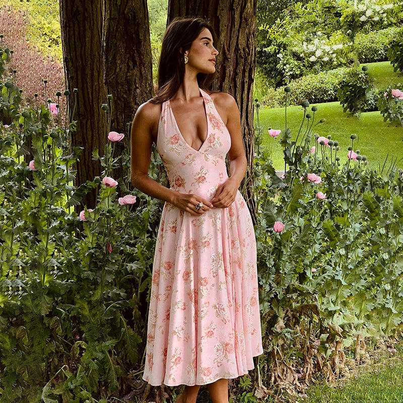 Autumn Women's Sexy Slim Print Halter Neck A-line Dress 5