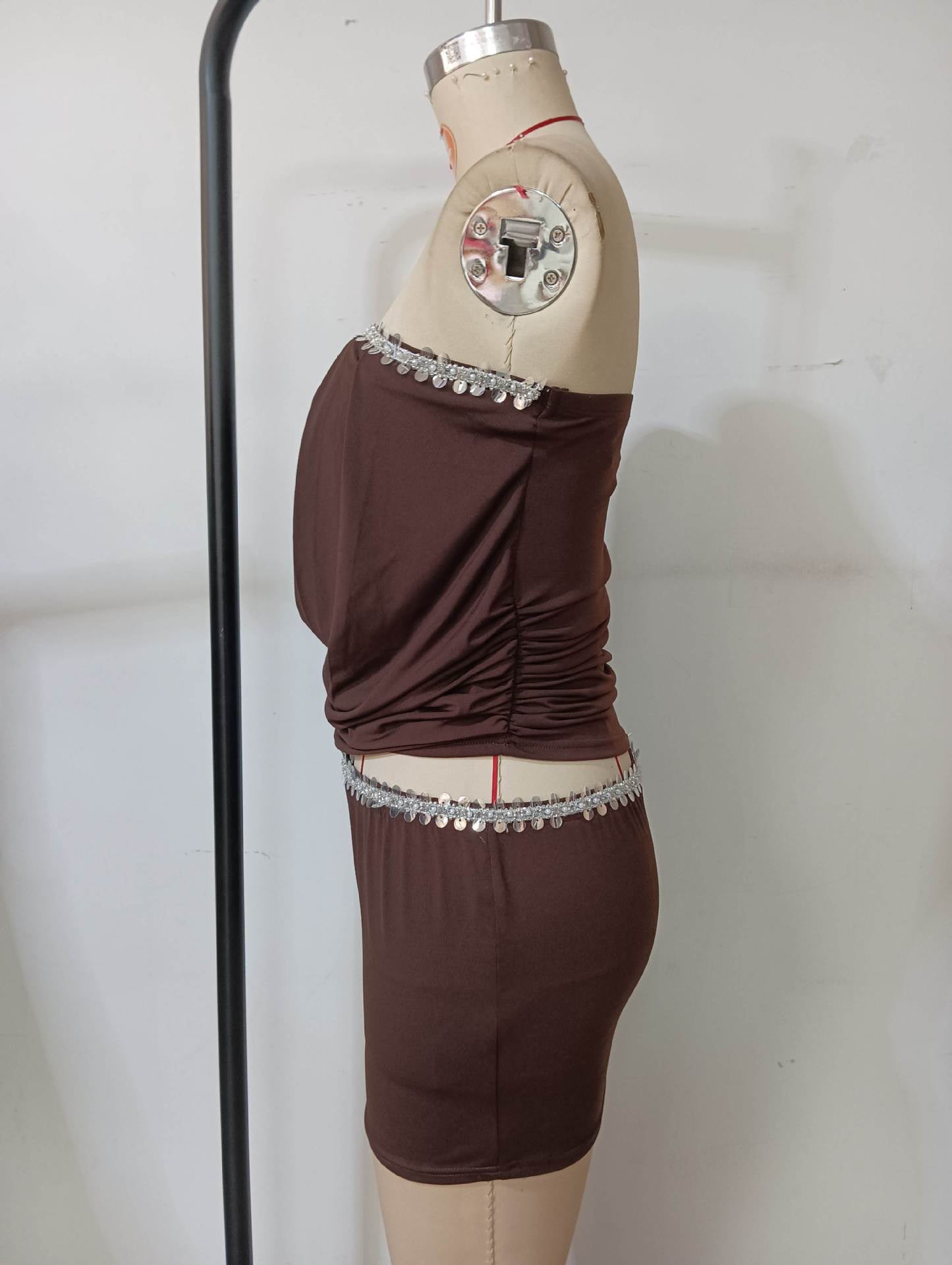 Sexy Solid Color Beaded Slim Fit Strapless Crop Top Bodycon Short Skirt Set 9