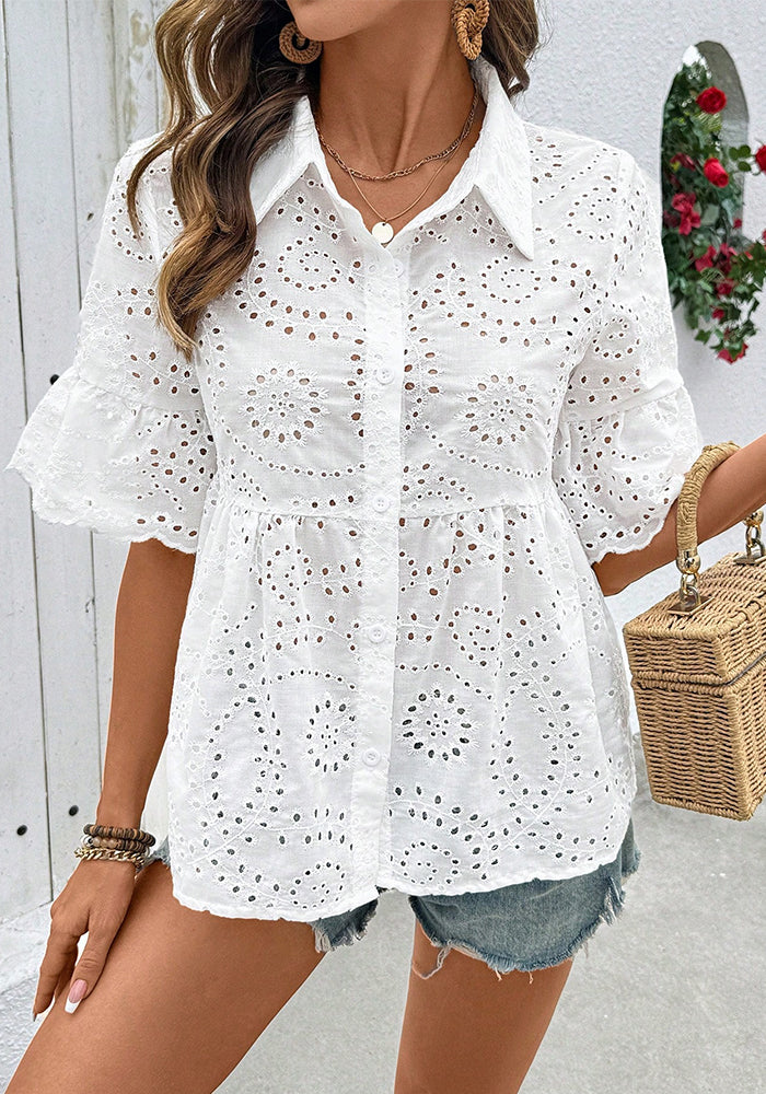 Women spring and summer Half-Sleeve Turndown Collar cardigan lace hollow T-shirt