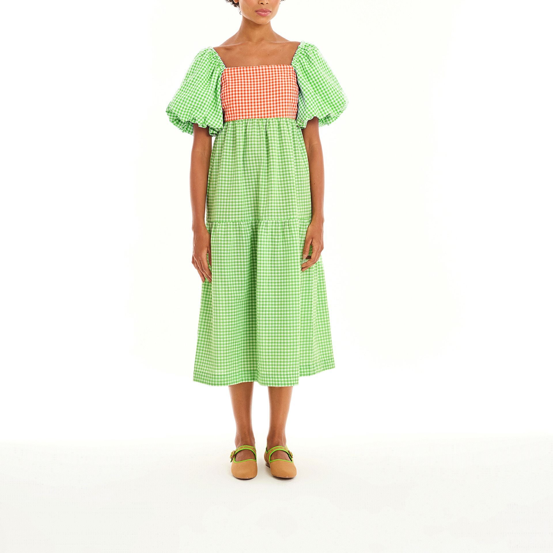 Women Color Block Backless Strappy Balloon Sleeve Dress 11