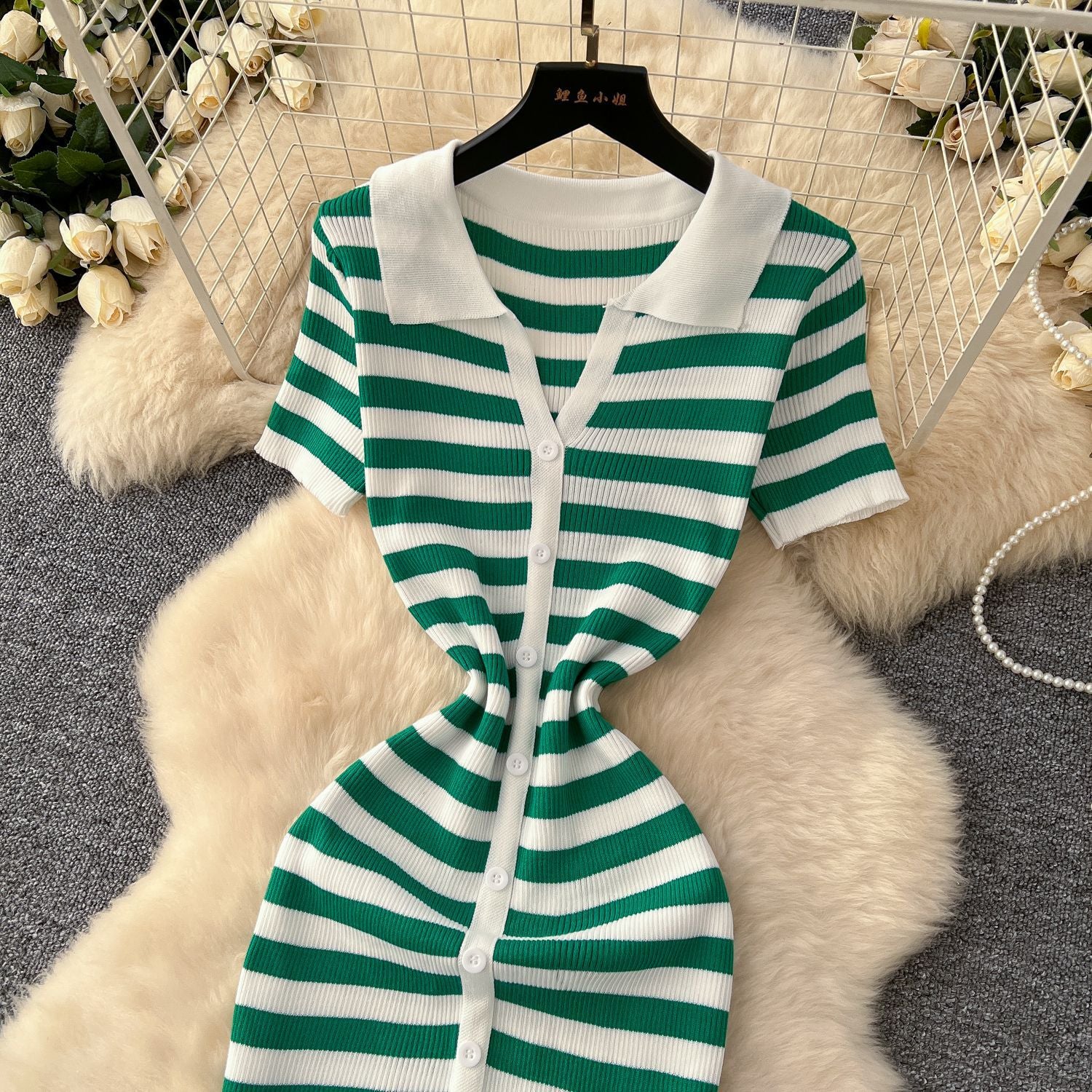 Women Metal Button Slit Knitting Dress 13