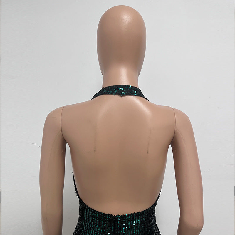 Women Sleeveless Halter Neck Sequined Mermaid Dress 42