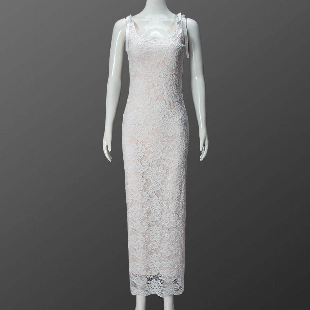 Women's Spring Summer Lace-Up Bowknot Strap Sexy Low Back Lace Double Layer Long Dress 6