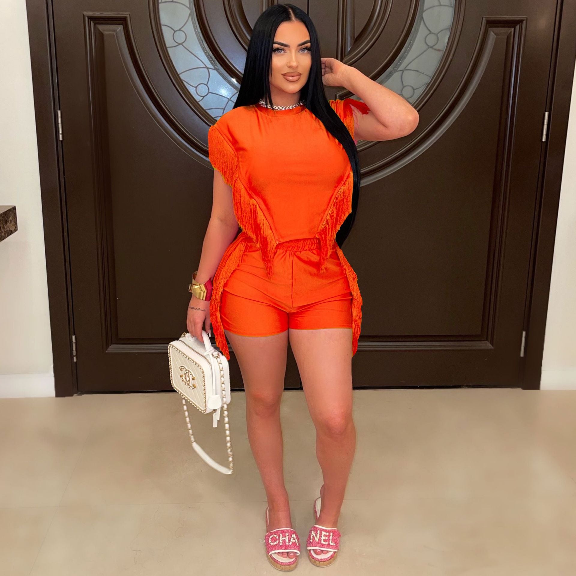 Women Short Sleeve Top and Tassel Pants Two-piece Set 5