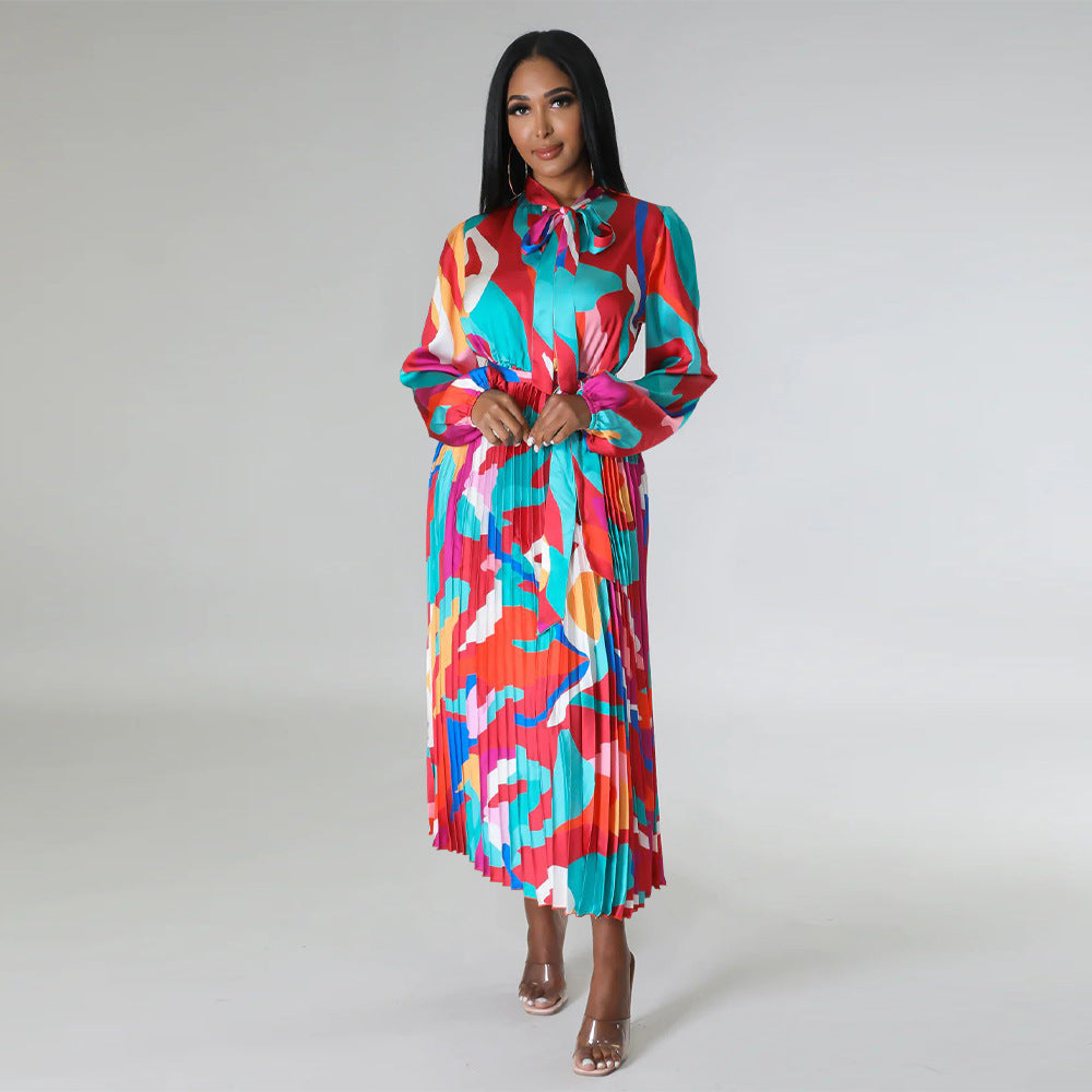 Women's Tie Long Sleeve Printed Pleated Dress 48