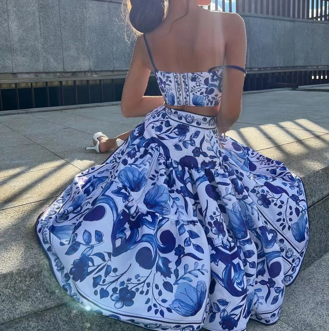 Printed Strap Top A-Lini Long Skirt Two-Piece Set 3