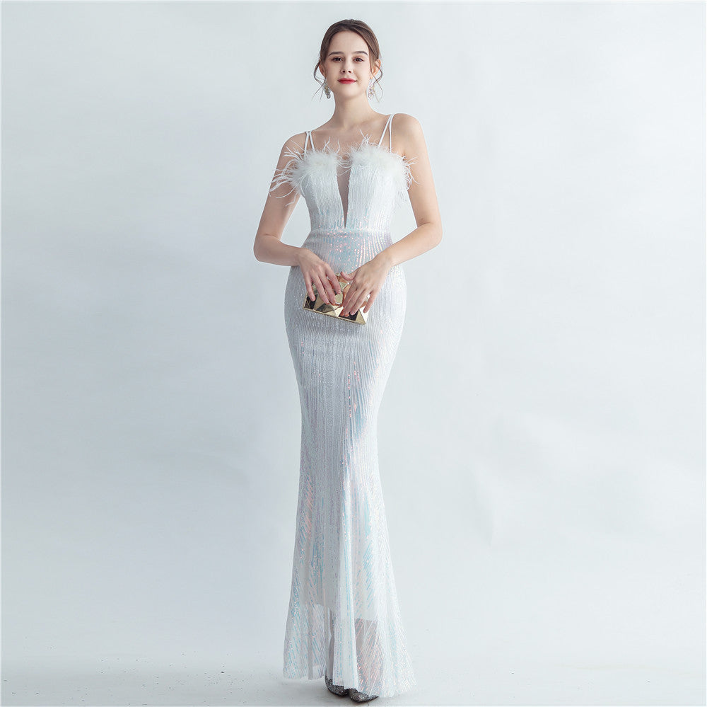 Elegant Formal Party sequins feather straps evening dress 3