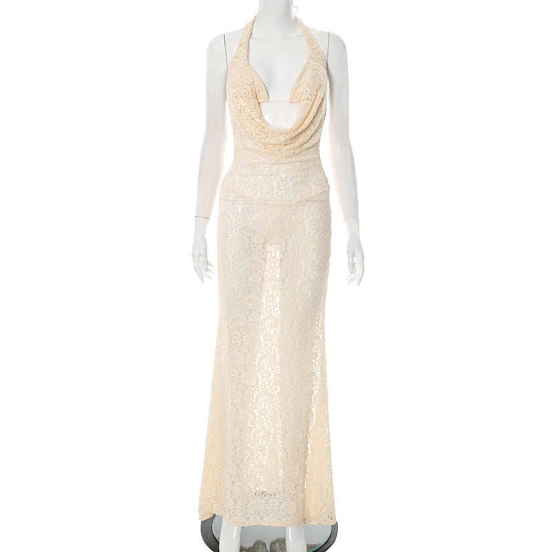 Women French lace Halter Neck V-neck hollow backless maxi dress 7