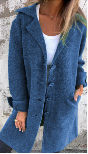 Women Solid Turndown Collar Pocket Maxi Jacket 16