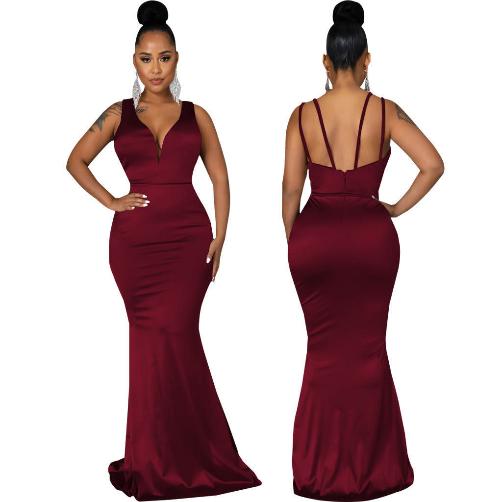 Sexy Fashion Deep V Neck Sleeveless Mermaid Gown Women's Solid Color Evening Dress 11