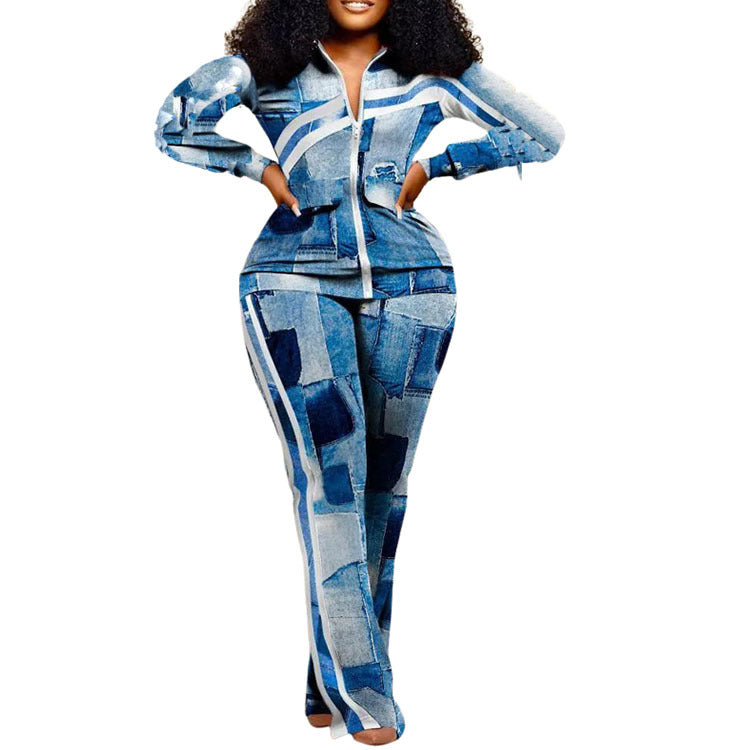 Women long-sleeved color-blocked zipper top and trousers two-piece set 16